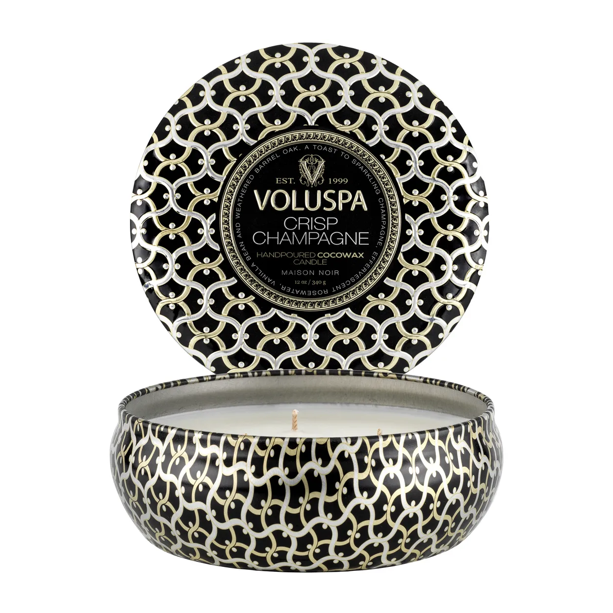 Voluspa Maison Noir 3-wick Tin geurkaars 40 uur Crisp Champagne
