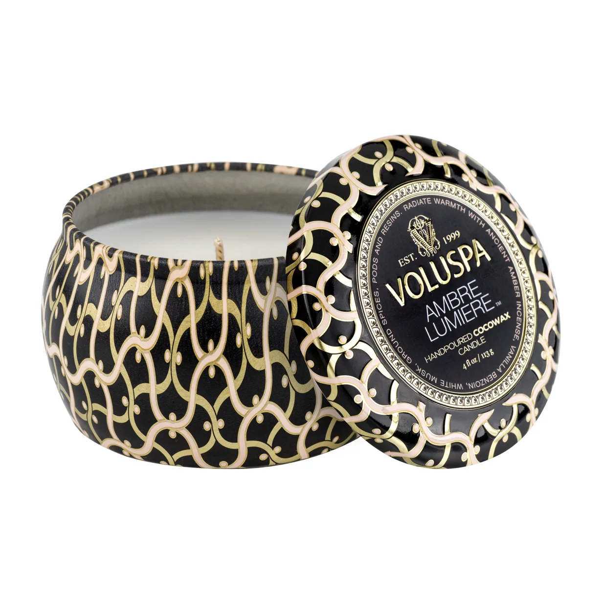 Voluspa Maison Noir Mini Tin geurkaars 25 uur Ambre Lumiere