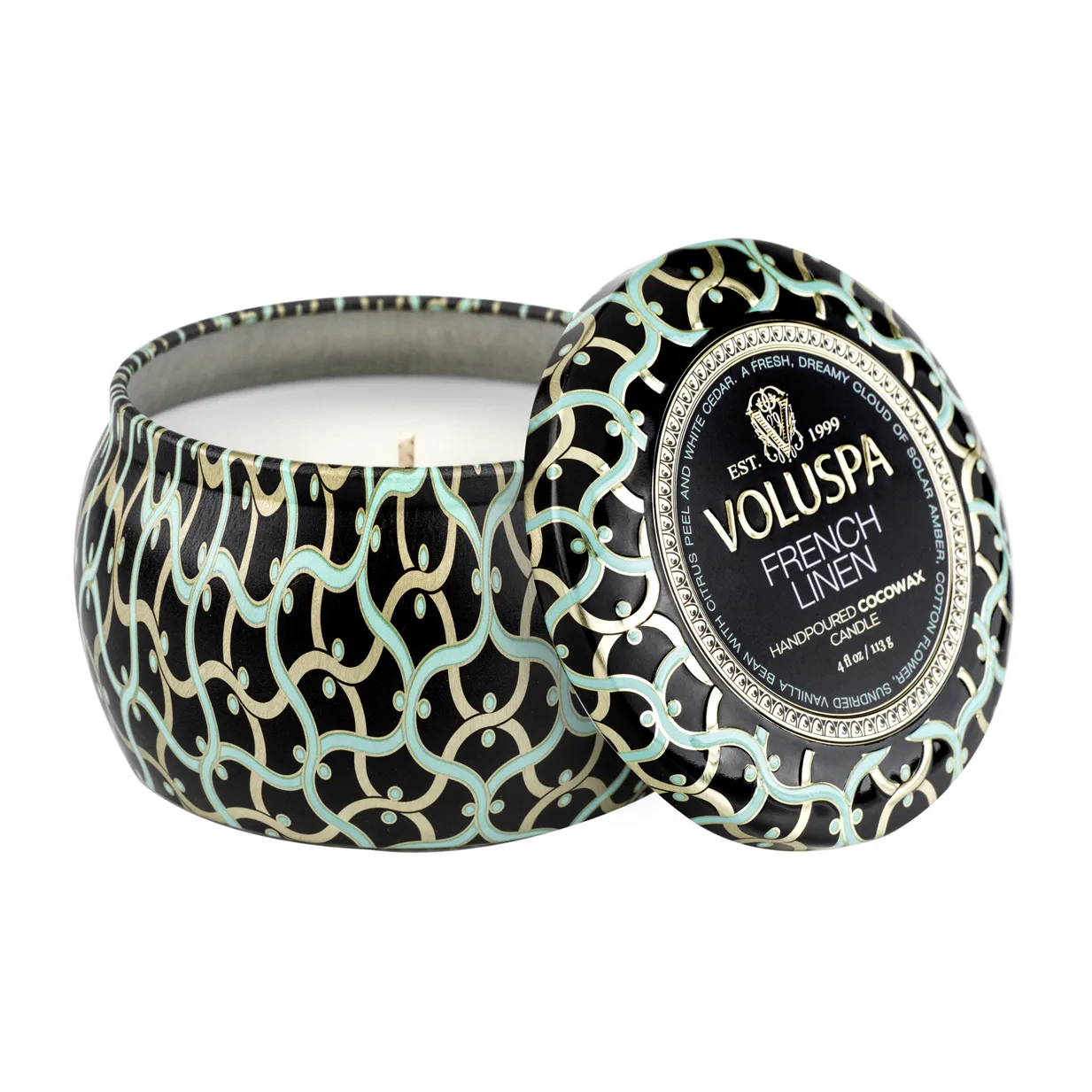 Voluspa Maison Noir Mini Tin geurkaars 25 uur French Linen