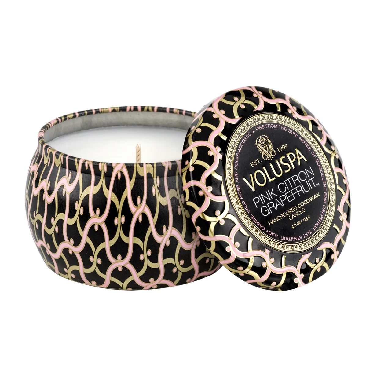 Voluspa Maison Noir Mini Tin geurkaars 25 uur Pink Citron Grapefruit