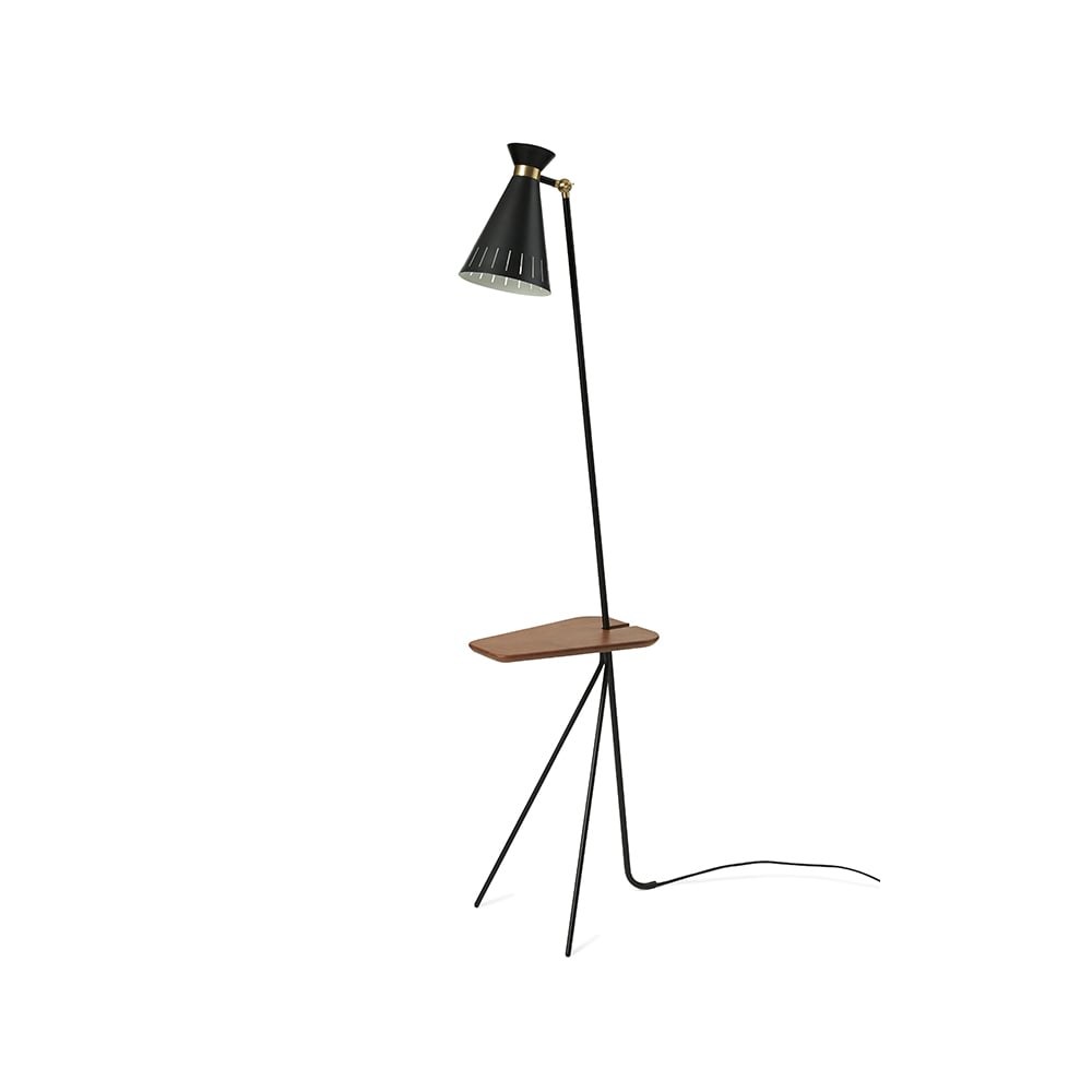 Warm Nordic Cone vloerlamp black noir, teak tafeltje, messing details