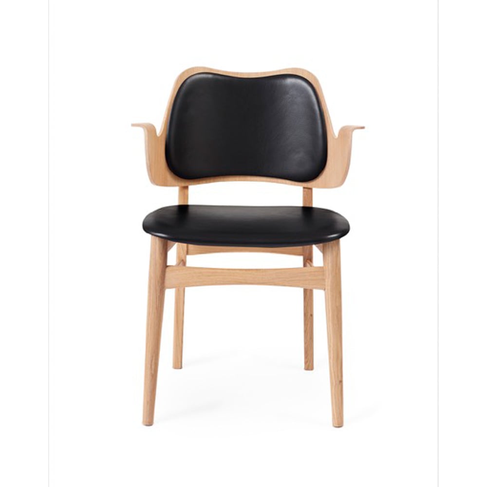 Warm Nordic Gesture stoel, beklede zitting&rugleuning leer prescott 207 black, witgeolied eikenhouten onderstel, gestoffeerde zitting, gestoffeerde rug