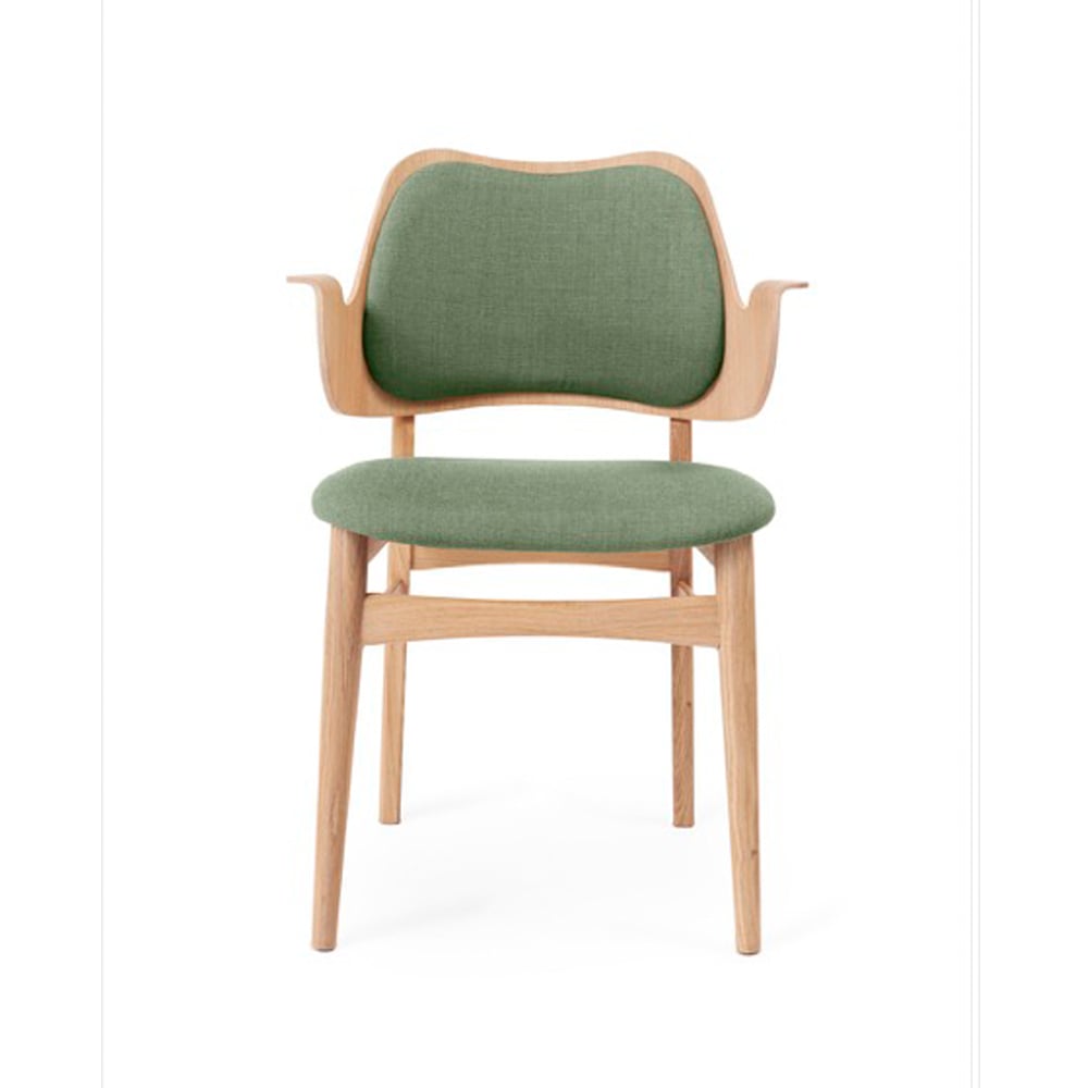 Warm Nordic Gesture stoel, beklede zitting&rugleuning stof canvas 926 sage green, witgeolied eikenhouten onderstel, gestoffeerde zitting, gestoffeerde rug