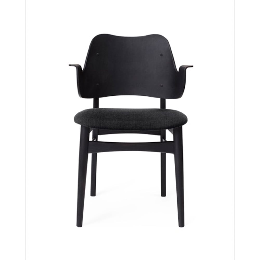 Warm Nordic Gesture stoel, gestoffeerde zitting stof anthracite, zwartgelakt beukenhouten onderstel