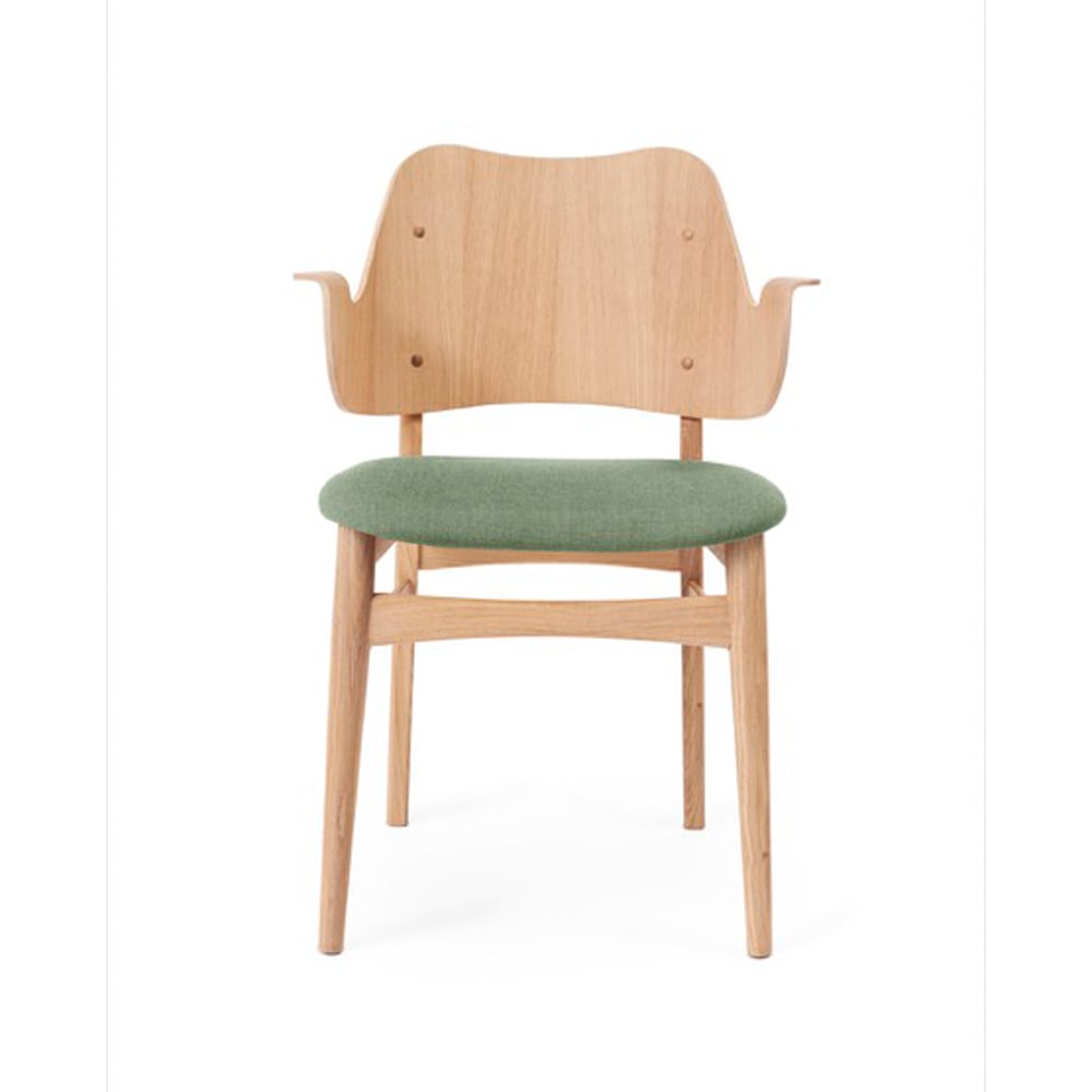 Warm Nordic Gesture stoel, gestoffeerde zitting stof canvas 926 sage green, witgeolied eikenhouten onderstel, gestoffeerde zitting