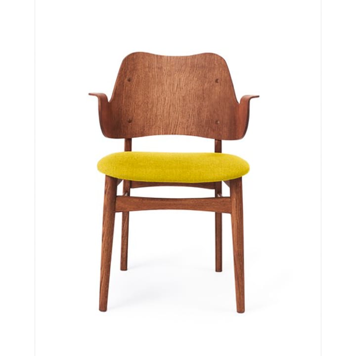 Gesture stoel, gestoffeerde zitting - stof geel, teakgeolied eikenhouten onderstel - Warm Nordic