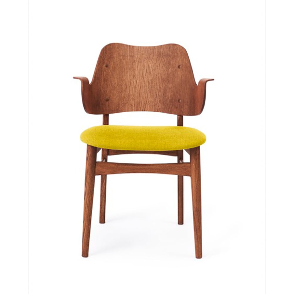 Warm Nordic Gesture stoel, gestoffeerde zitting stof geel, teakgeolied eikenhouten onderstel
