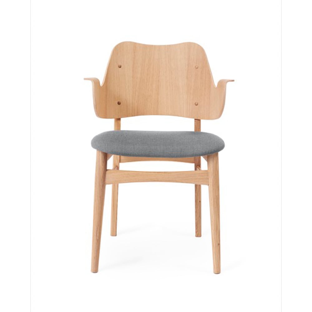 Warm Nordic Gesture stoel, gestoffeerde zitting stof grey melange, witgeolied eikenhouten onderstel, gestoffeerde zitting