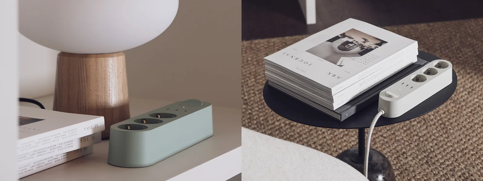 Twee stekkerdozen in minimalistische omgevingen. Eén is lichtgroen, op een plank met een lamp en boeken. De andere is lichtgrijs, op een tafel met tijdschriften.