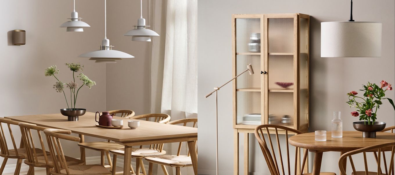 Hier zie je twee verschillende verlichtingsideeën voor een eetkamer in Japanse stijl: een lange eettafel en een groep lampen en een ronde tafel en een ronde lamp. 