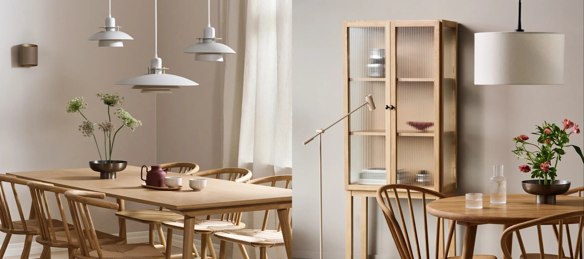 Hier zie je twee verschillende verlichtingsideeën voor een eetkamer in Japanse stijl: een lange eettafel en een groep lampen en een ronde tafel en een ronde lamp.