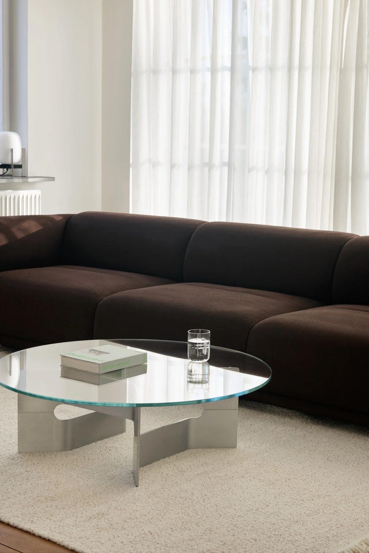Moderne woonkamer met een donkerbruine modulaire bank, glazen salontafel en licht shaggy tapijt.