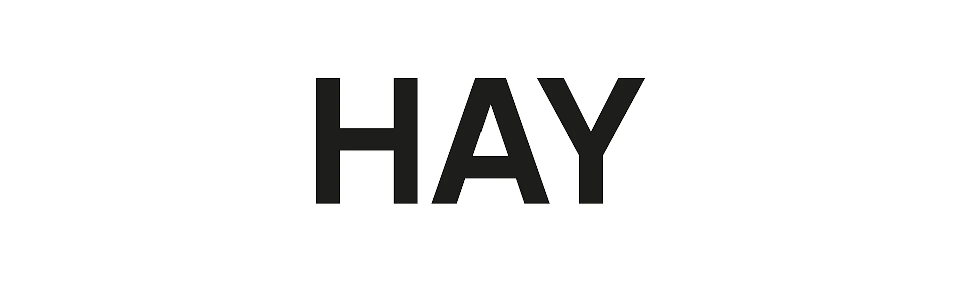 Zwart woord "HAY" in een vetgedrukte schreefloze lettertype op een witte achtergrond.