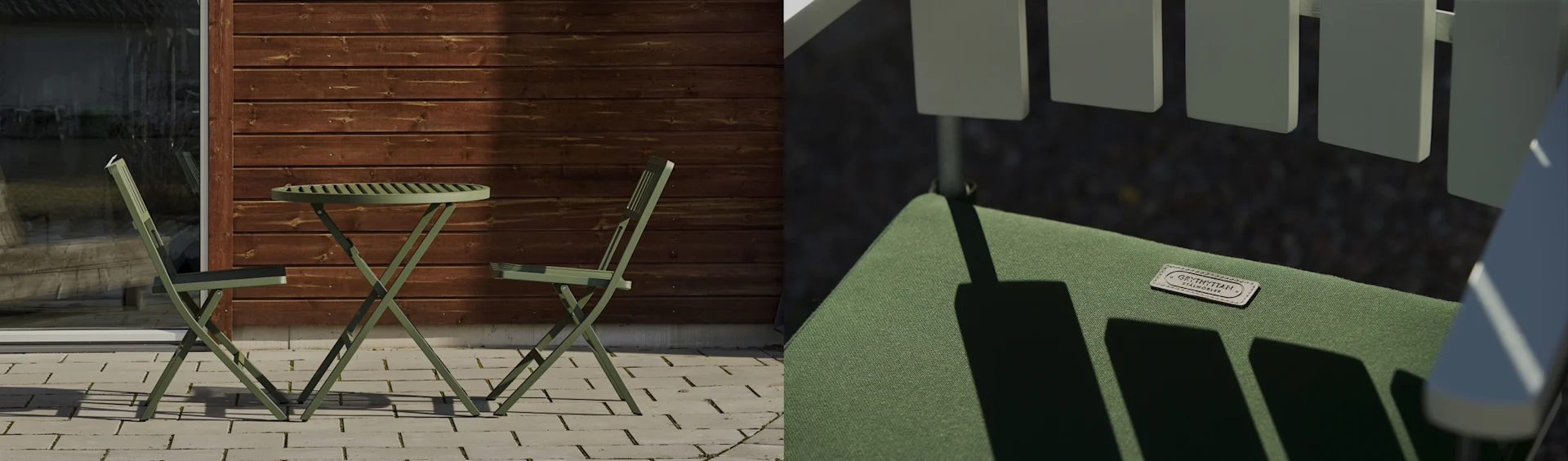Groene opvouwbare buitentafel en twee stoelen op een betegeld terras bij een houten muur. Close-up van de groene stoffen zitting.