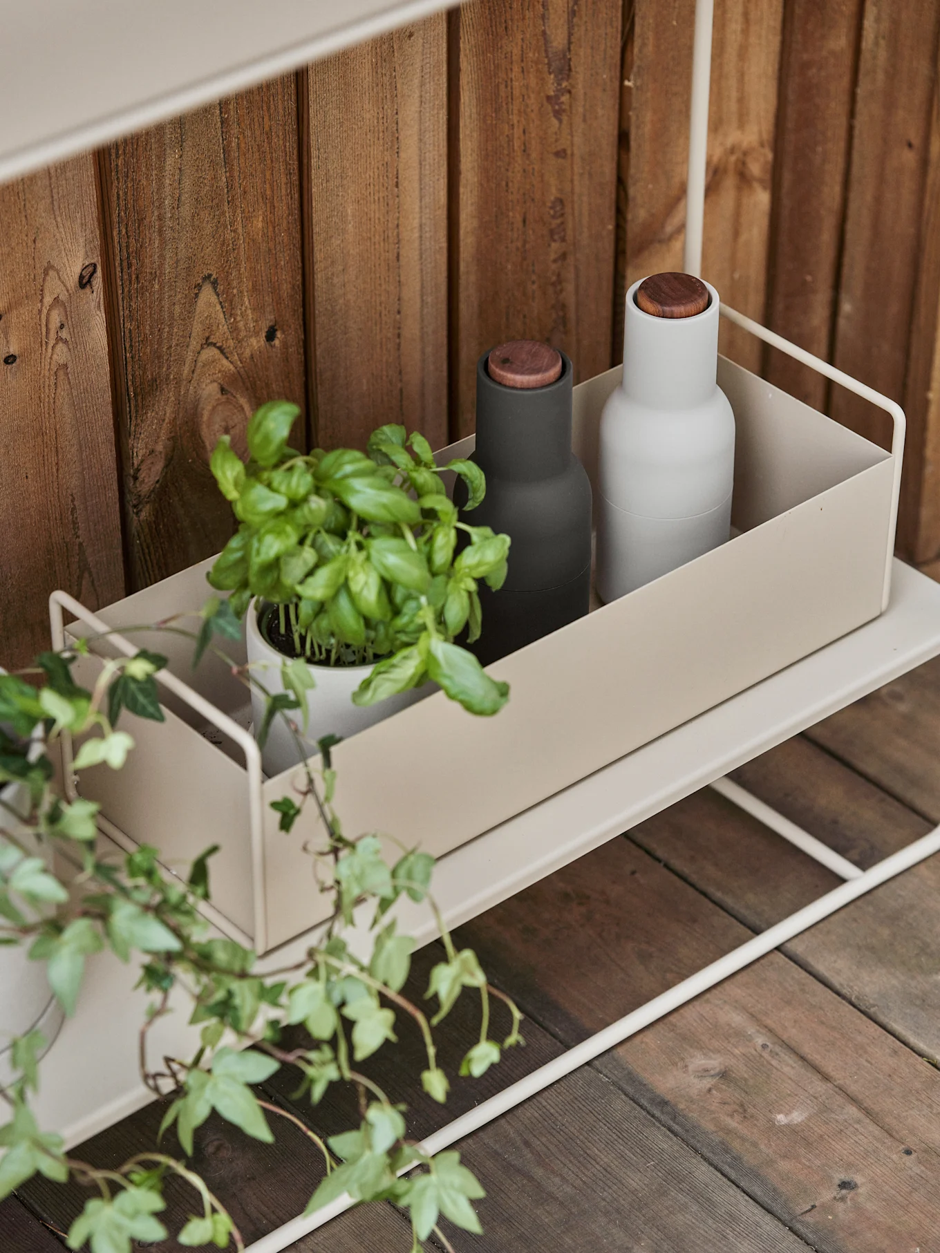 Een lichtbeige metalen plank met een bakje met daarin een basilicumplant, een zwarte molen en een witte molen tegen een houten achtergrond.