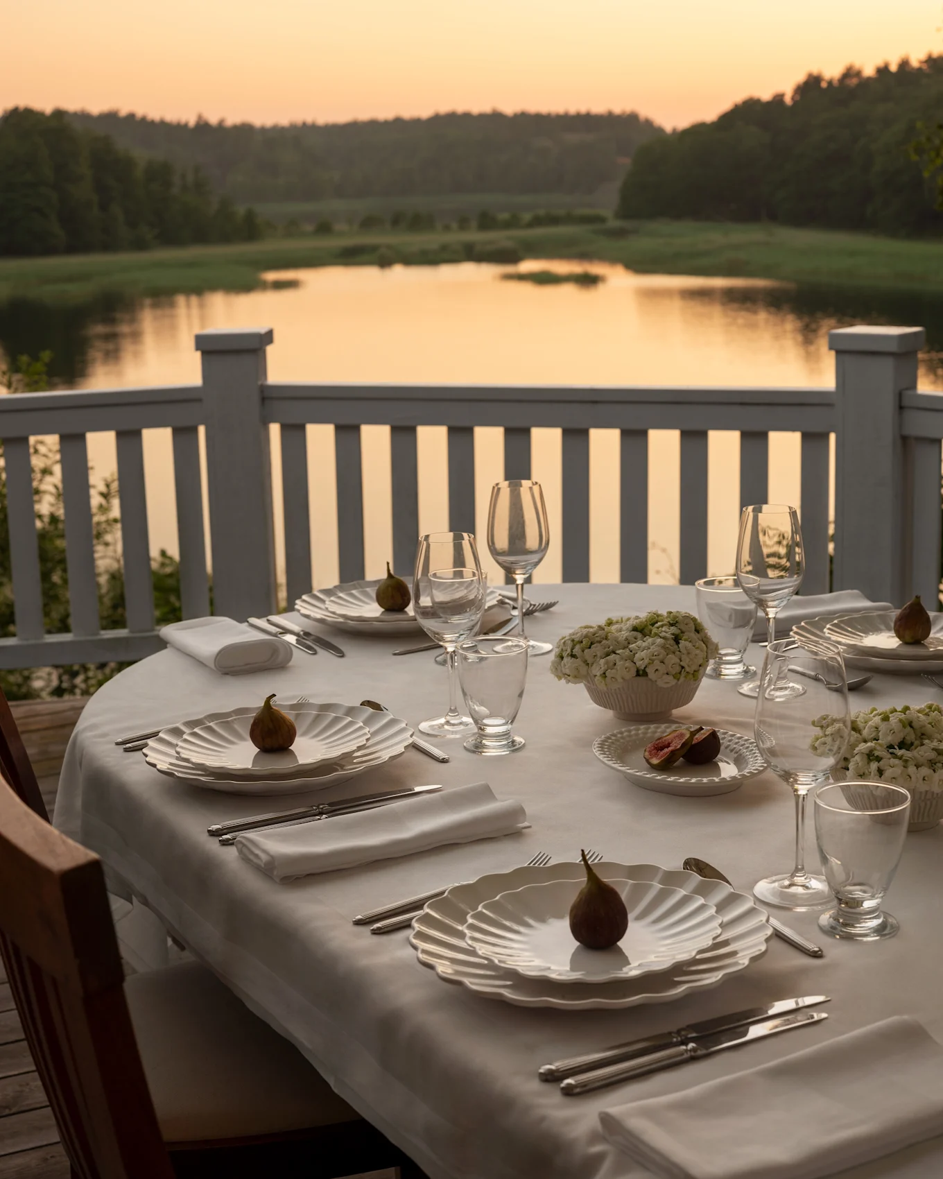 Buiten eettafel gedekt met witte schelpvormige borden, bestek, vijgen en bloemen, met uitzicht op een meer bij zonsondergang.