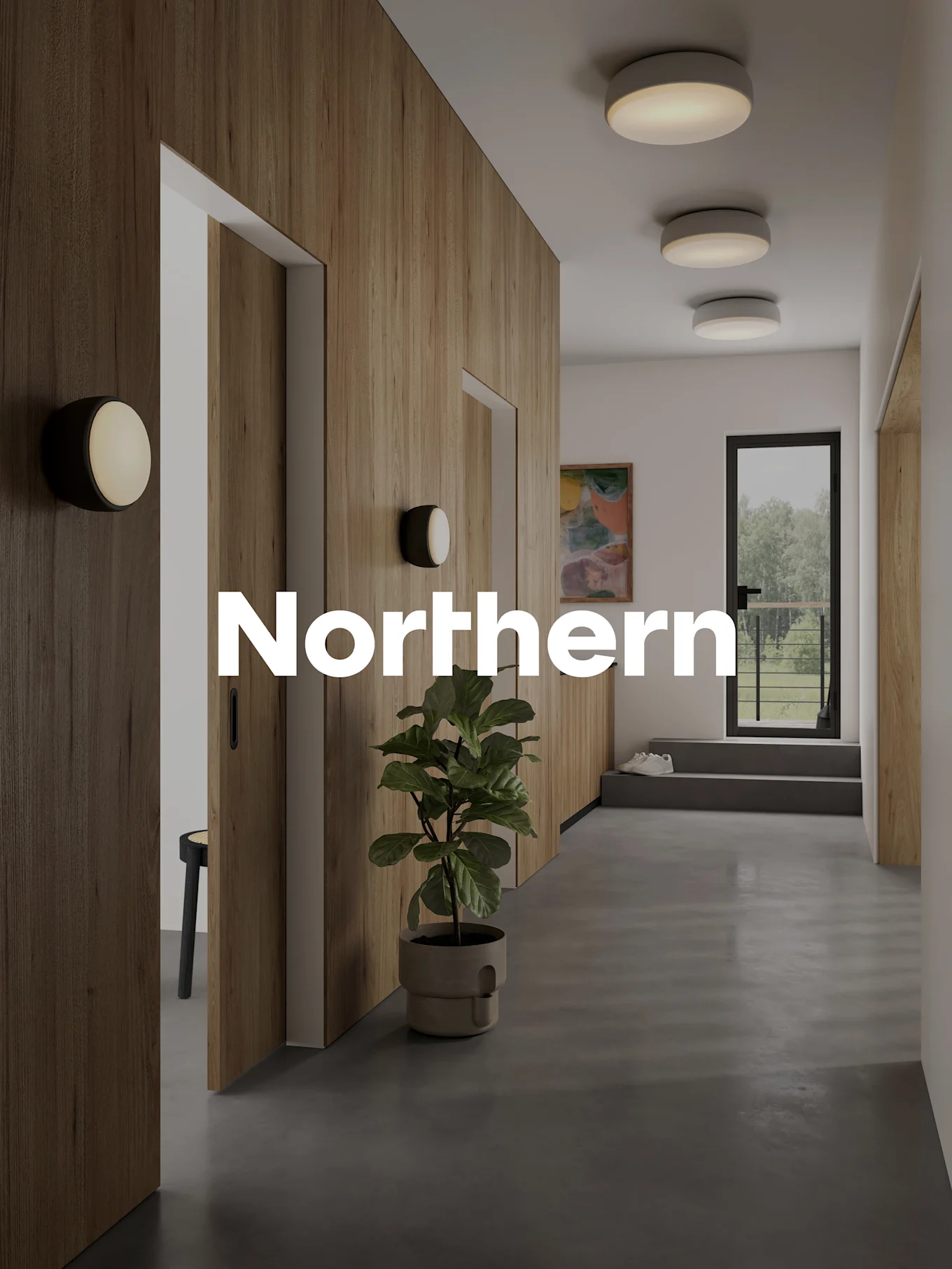 Moderne hal met houten wandpanelen, betonnen vloer, ronde lampen, een potplant en een open deur naar buiten.