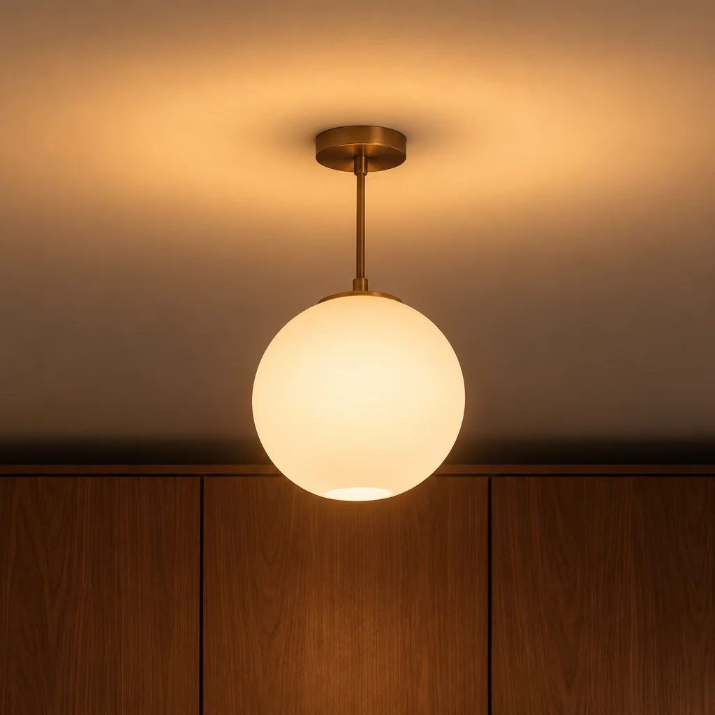 Een witte bolvormige hanglamp met messing beslag, warm gloeiend.