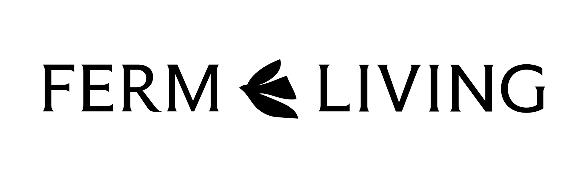 FERM LIVING-logo met een gestileerd bladontwerp tussen de woorden.