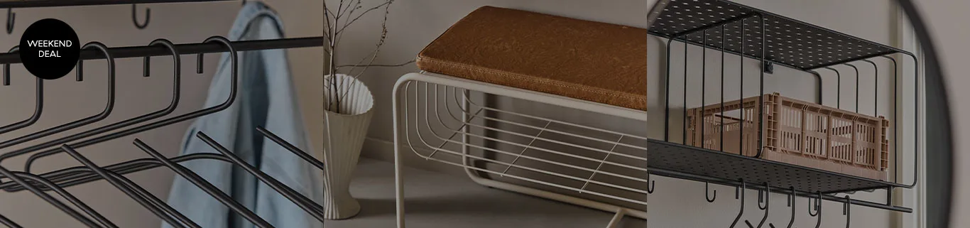 Drie scènes: zwarte hangers met 'Weekend Deal'-label, een crèmekleurige bank met bruin kussen en zwarte planken met een beige krat.