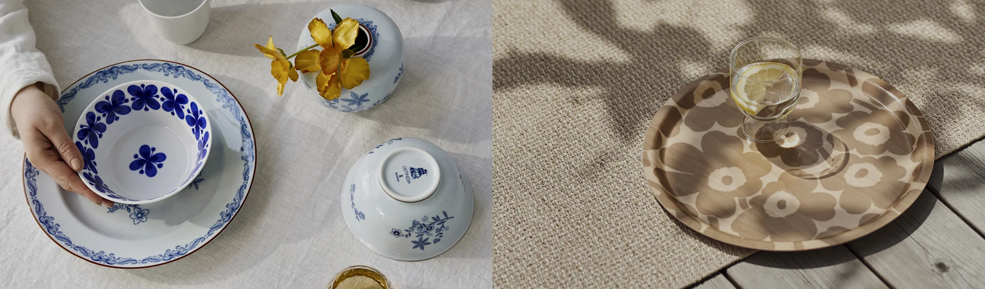 Twee scènes: links, een hand houdt een blauw-wit patroon kom op een bijpassend bord met bloemenvaas; rechts, een patroon dienblad met citroenwater.