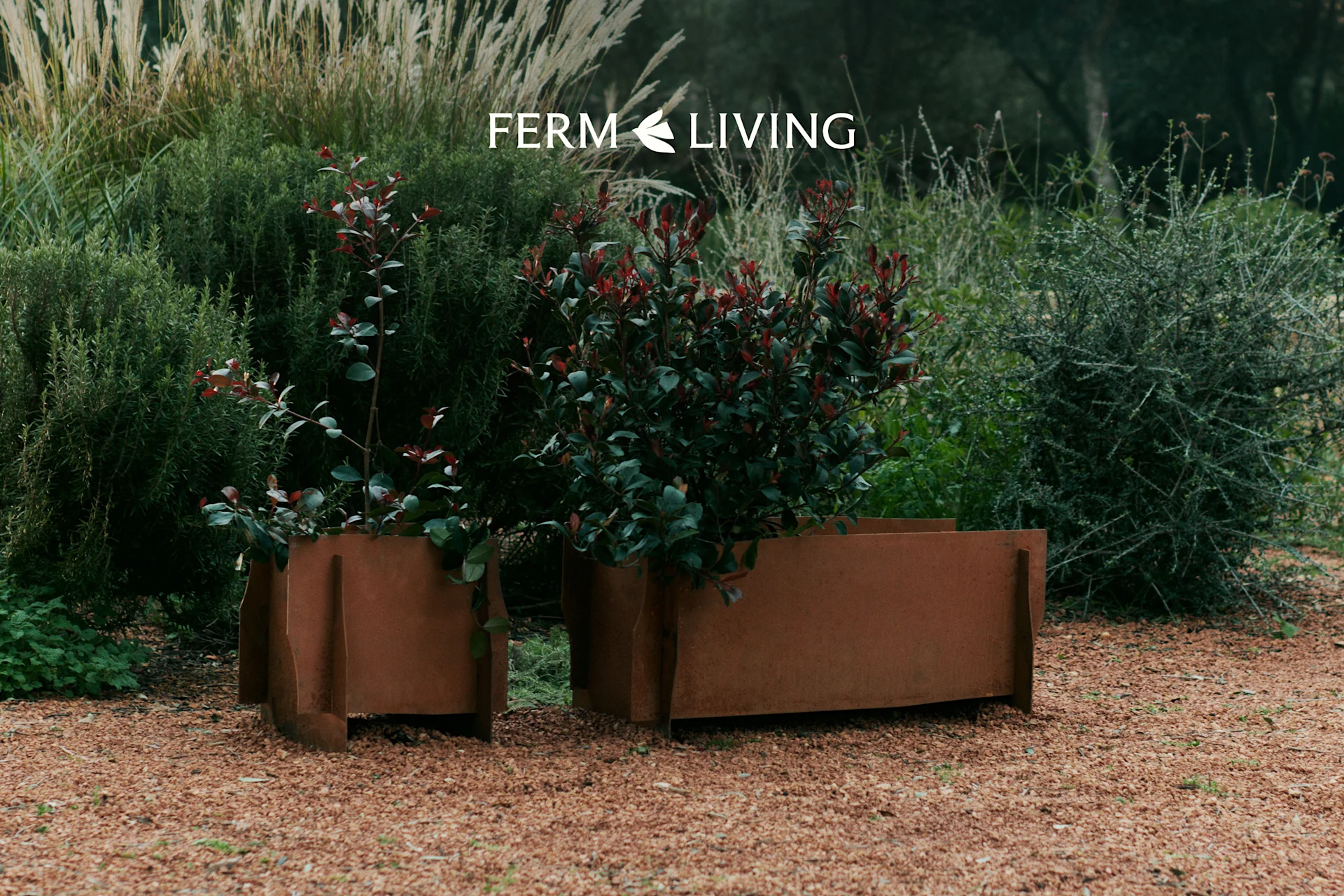 Twee verweerde metalen plantenbakken met groene en roodbladige planten op grind in een tuin. Ferm Living logo.