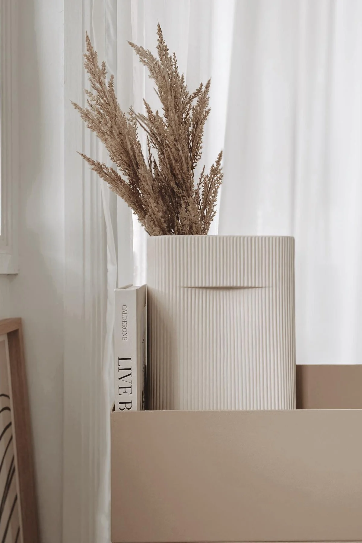 Gedroogd pampasgras in een geribbelde beige vaas naast een boek op een beige plank.