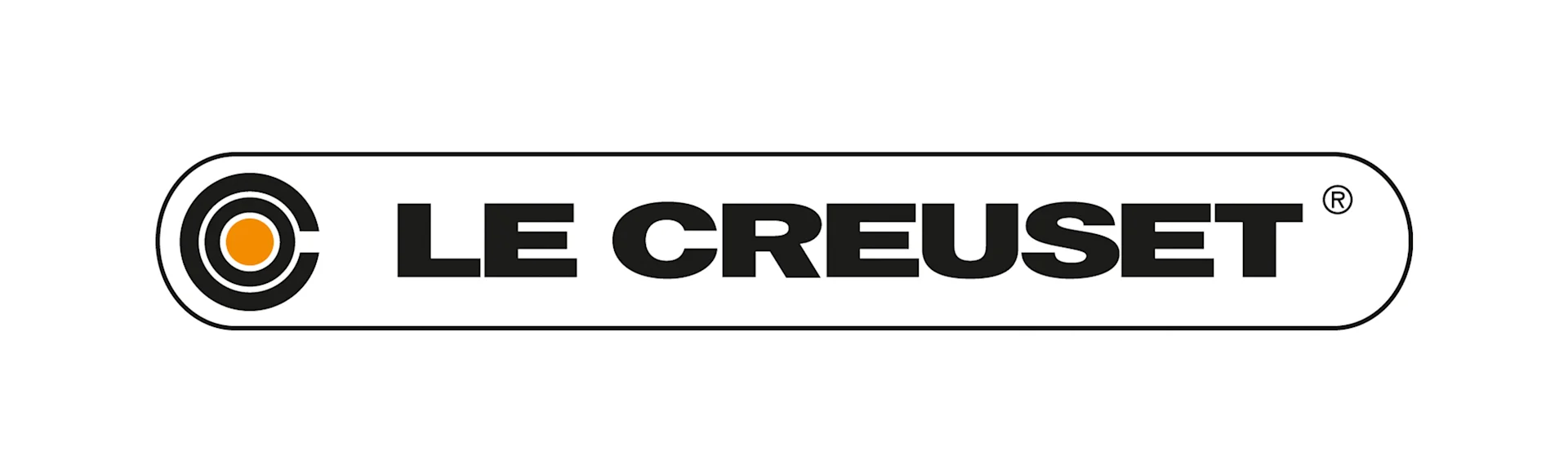 Le Creuset logo, met een gestileerde C met een oranje stip en de merknaam in zwarte tekst binnen een afgeronde rechthoek.