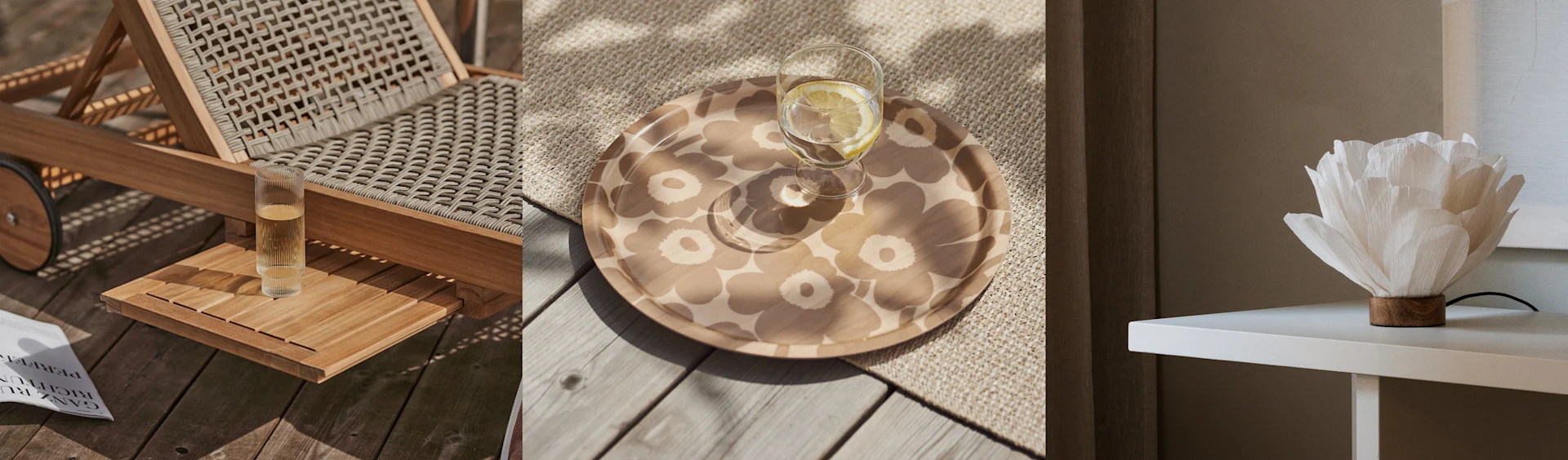 Drie panelen. Links: Geweven ligstoel, glas, tijdschrift. Midden: Bloemenblad met drankje. Rechts: Witte bloemvormige lamp.