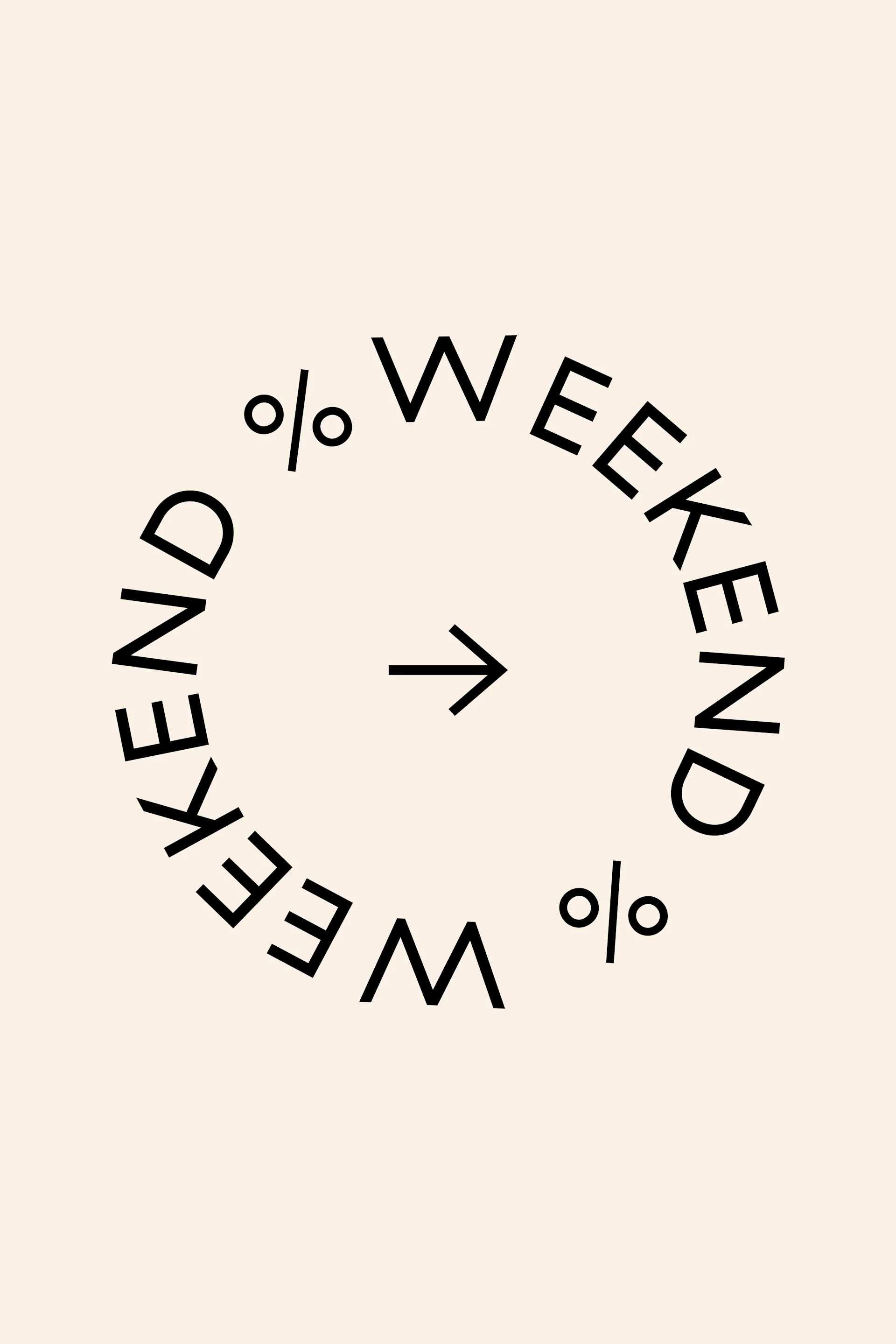 Het woord "WEEKEND" en procenttekens in een cirkel gerangschikt, met een pijl naar rechts in het midden.