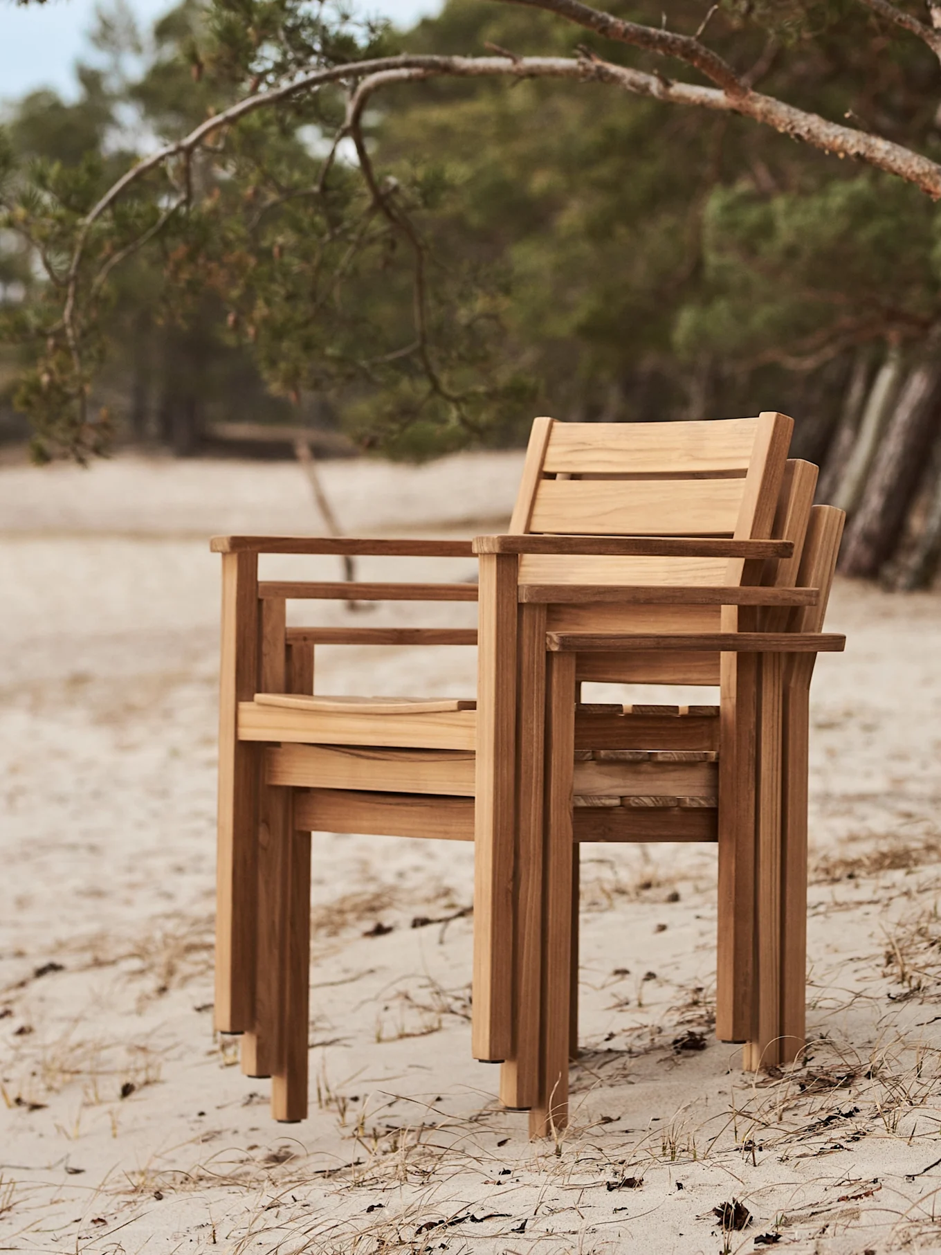 Drie houten buitenstoelen gestapeld op een zandstrand met bomen op de achtergrond.
