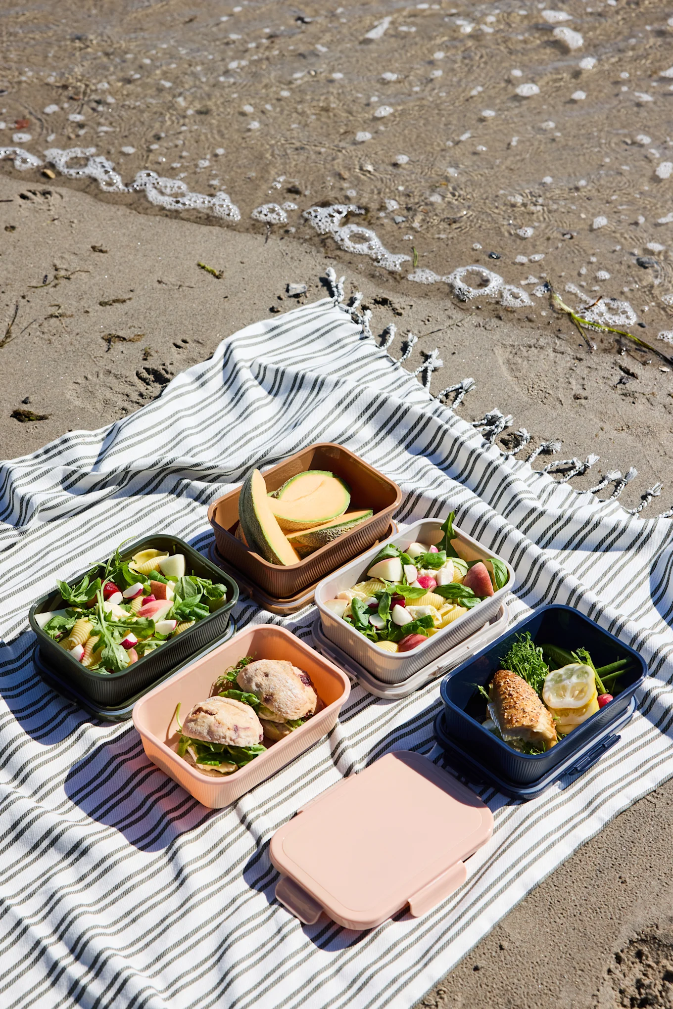 Vijf open kleurrijke lunchboxen met salades, sandwiches en meloen, plus een gesloten roze doos, op een gestreepte stranddeken.