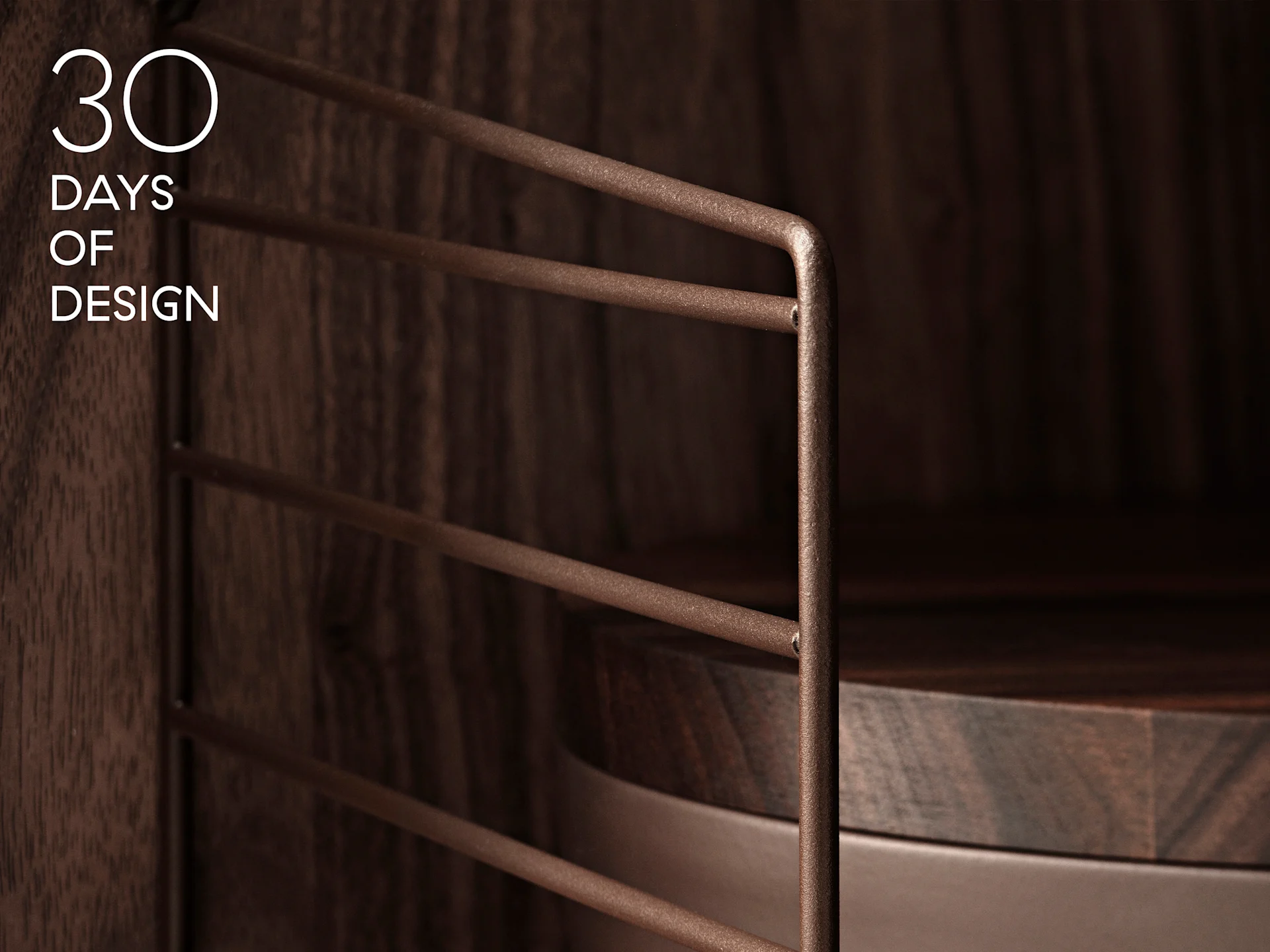 Tekst '30 DAYS OF DESIGN' over donkere houten kast met getextureerd bruin metalen draadrek en ronde houten plank.