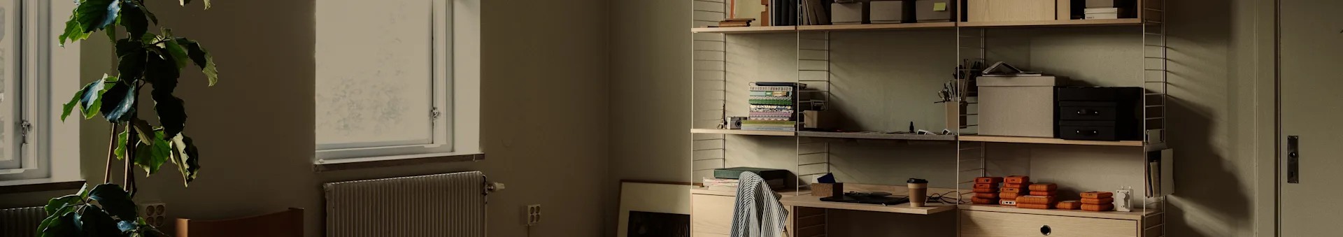 Een net thuiskantoor met een grote plant bij een raam en een houten rek vol boeken, dozen en oranje draagbare harde schijven.