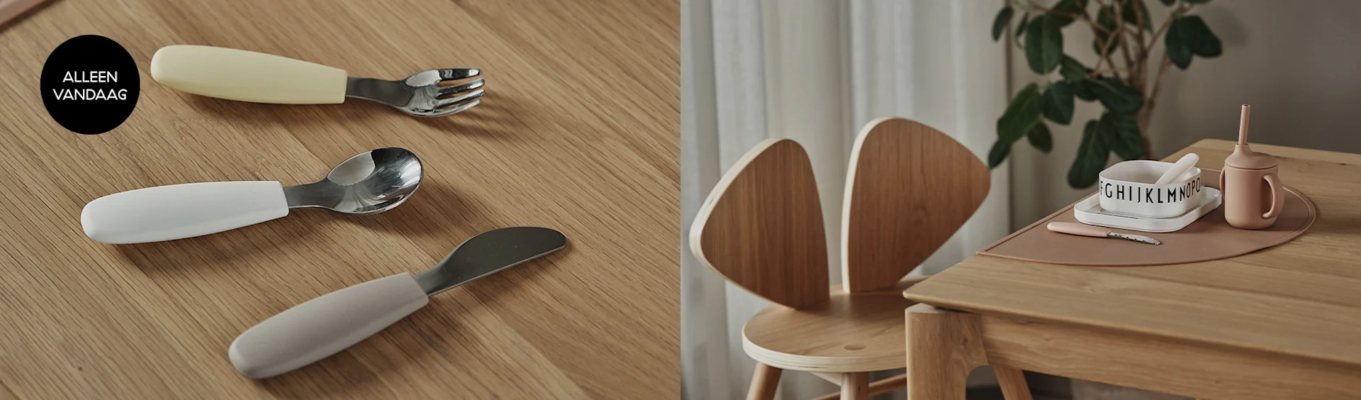 Drie kinderbestekjes in geel, wit en grijs op een houten tafel, met 'ALLEEN VANDAAG' tekst. Rechts een roze placemat met kom en beker.