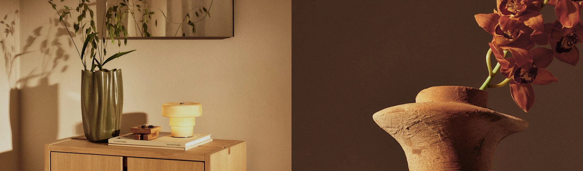 Twee vazen tonen planten, een groene vaas met blad op een kast naast een gele lamp, en een terracotta vaas met oranje orchideeën.
