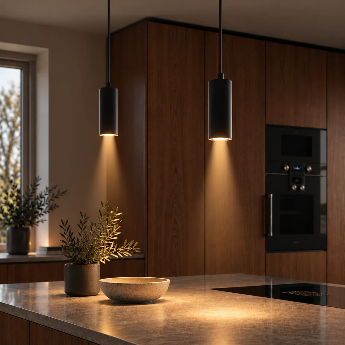 Een metalen hanglamp met een klokvormige kap werpt een warme, cirkelvormige gloed naar beneden.
