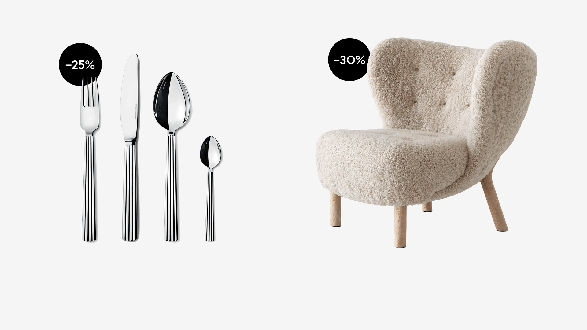 Zilveren bestekset (vork, mes, twee lepels) met 25% korting, en een crèmekleurige getextureerde fauteuil met houten poten, 30% korting.