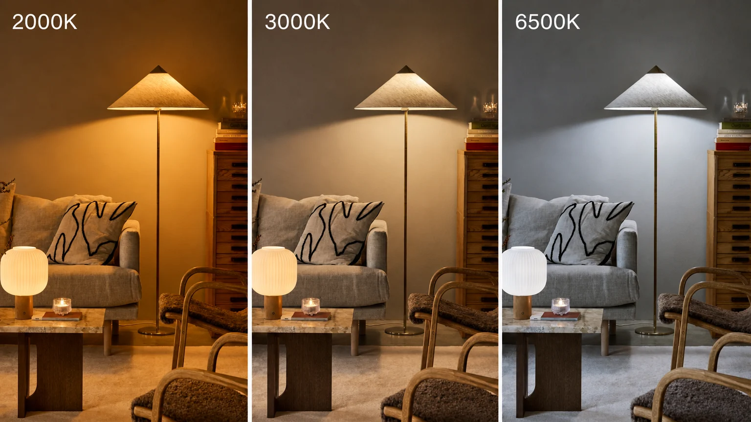 Een kamer getoond met drie verschillende lichttemperaturen. Links: 2000K warm geel licht. Midden: 3000K neutraal warm licht. Rechts: 6500K koel wit licht.