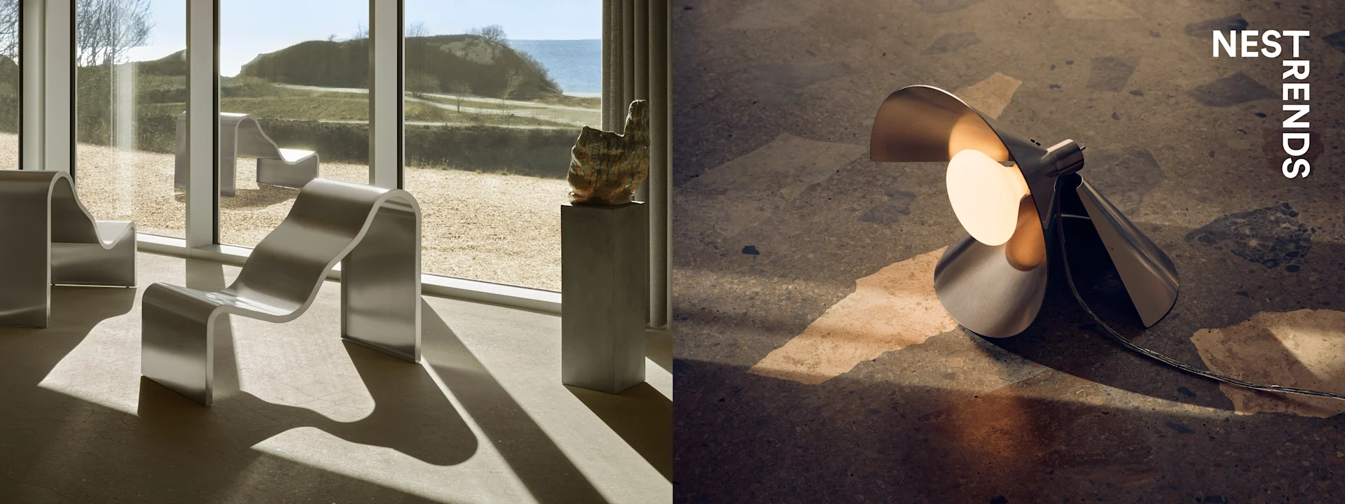 Links: Zilveren dessertkommen, sommige met gele peren. Rechts: Moderne, metallic lamp verlicht getextureerde vloer. 'NEST TRENDS'.