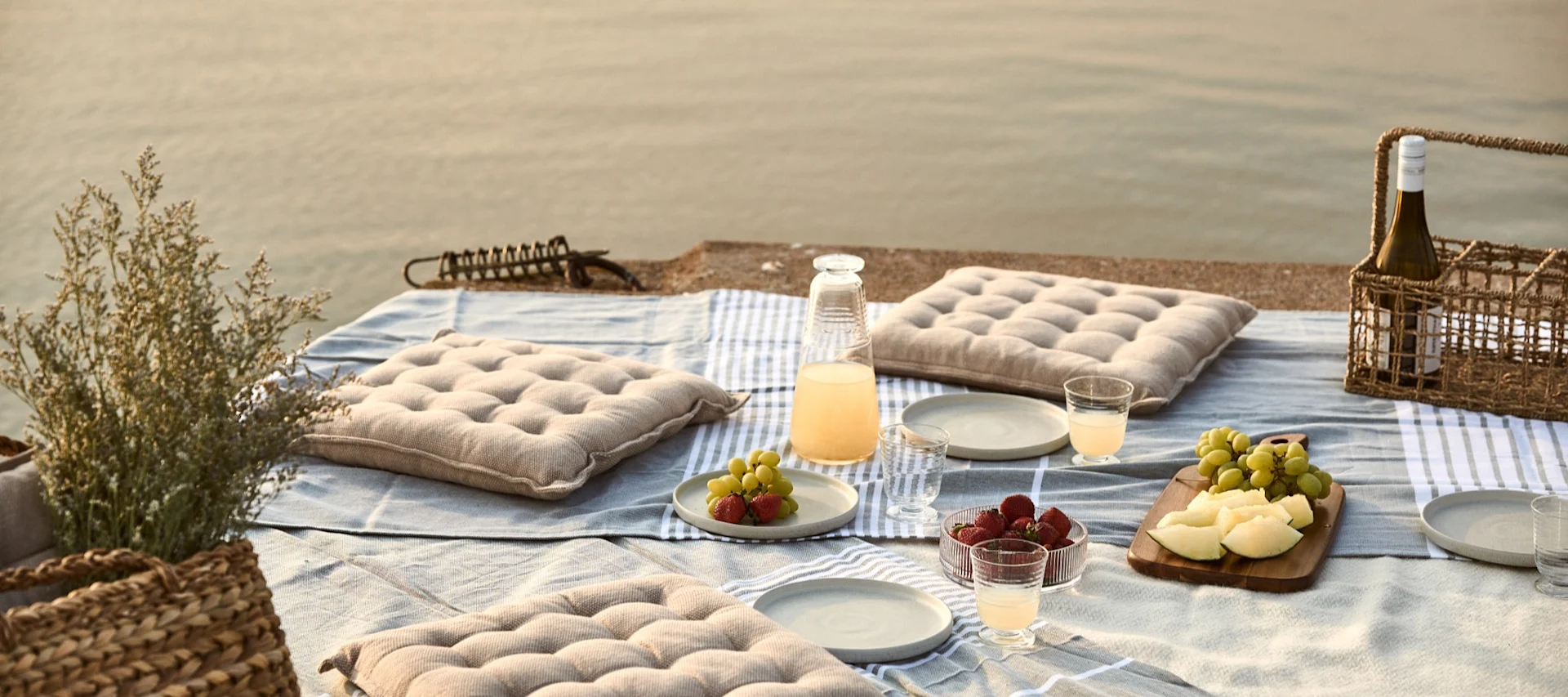 Picknick aan het water met kussens, fruit en drankjes op een deken.