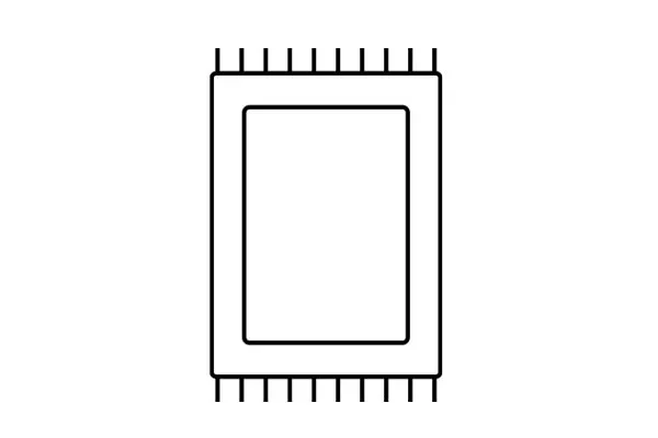 Omtrek van een rechthoekig vloerkleed met franjes aan de boven- en onderkant.