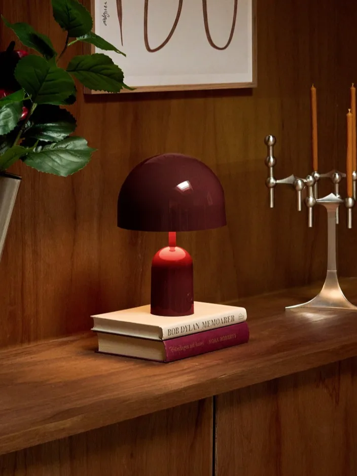 Houten plank: zilveren geribbelde vaas met donkerrode bloemen, brandende bordeauxrode lamp op boeken en zilveren kandelaar.