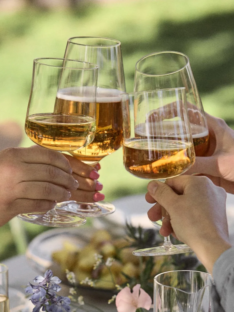 Vier handen proosten met glazen bier en wijn tijdens een buitenbijeenkomst.